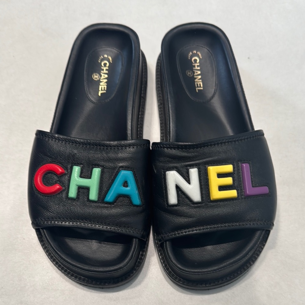 CHANEL Black Slides with Colorful Logo